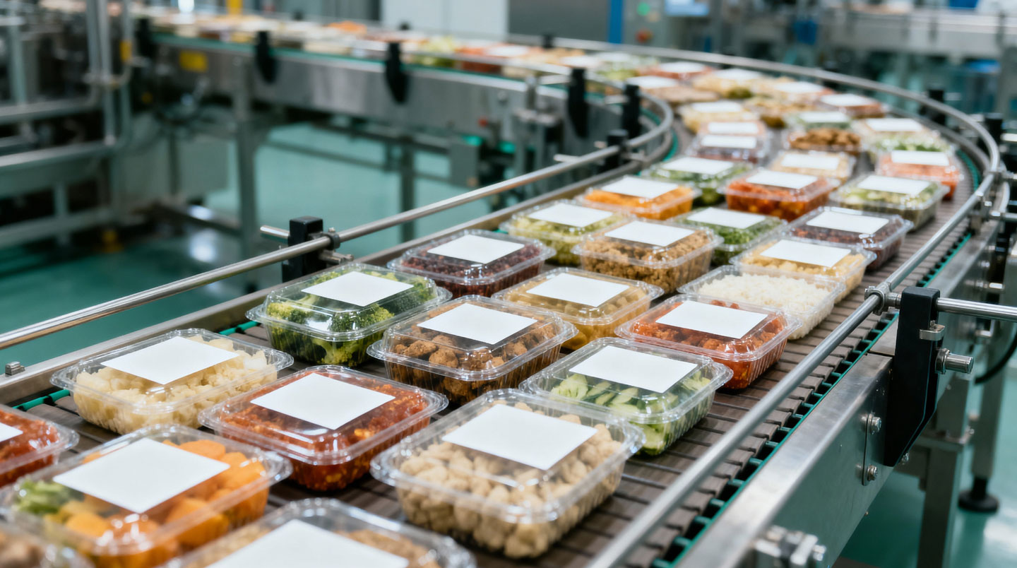 Gros plan sur une étiquette de traçabilité d'un emballage alimentaire professionnel posée sur une surface en acier inoxydable, avec code-barre flouté en arrière-plan et profondeur de champ réduite