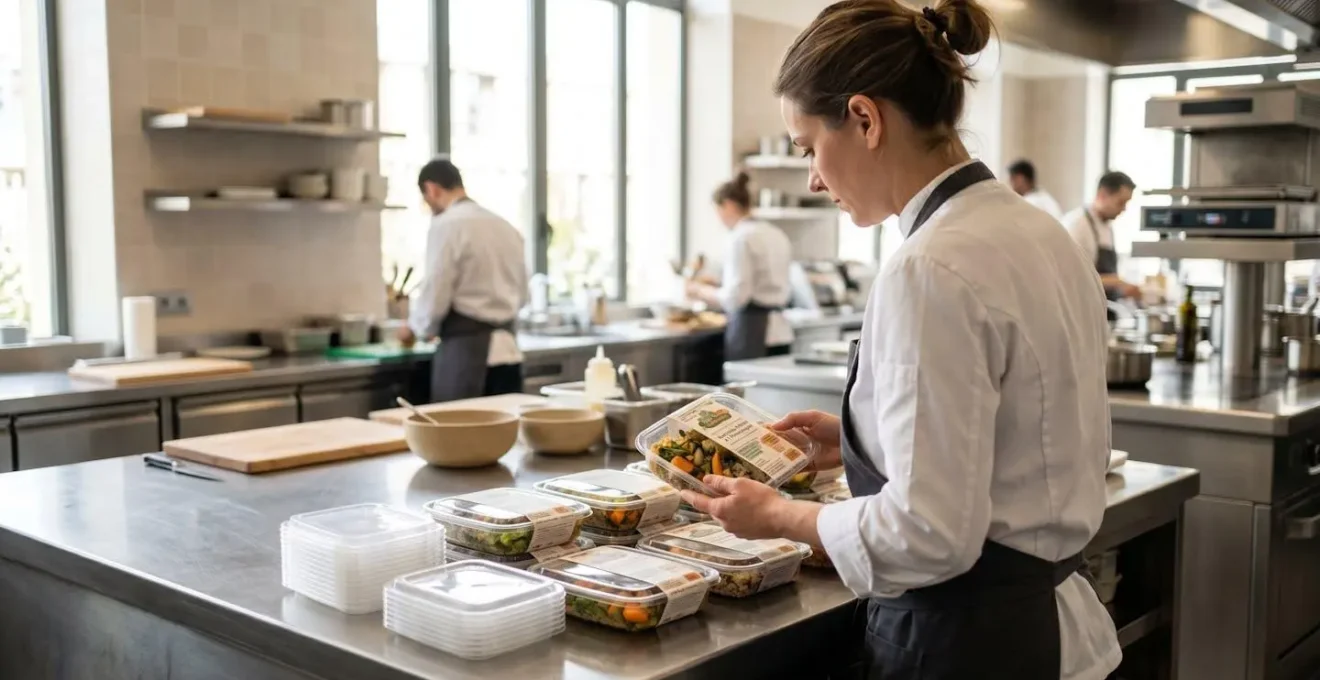 Un chef en tenue professionnelle vérifie des emballages alimentaires sur un plan de travail en inox dans une cuisine de restaurant moderne et lumineuse