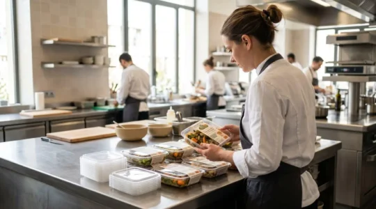 Un chef en tenue professionnelle vérifie des emballages alimentaires sur un plan de travail en inox dans une cuisine de restaurant moderne et lumineuse