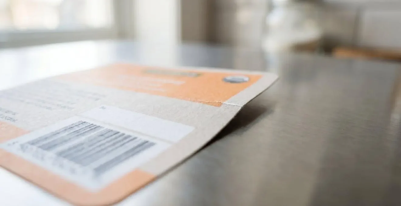 Gros plan sur une étiquette de traçabilité d'un emballage alimentaire professionnel posée sur une surface en acier inoxydable, avec code-barre flouté en arrière-plan et profondeur de champ réduite