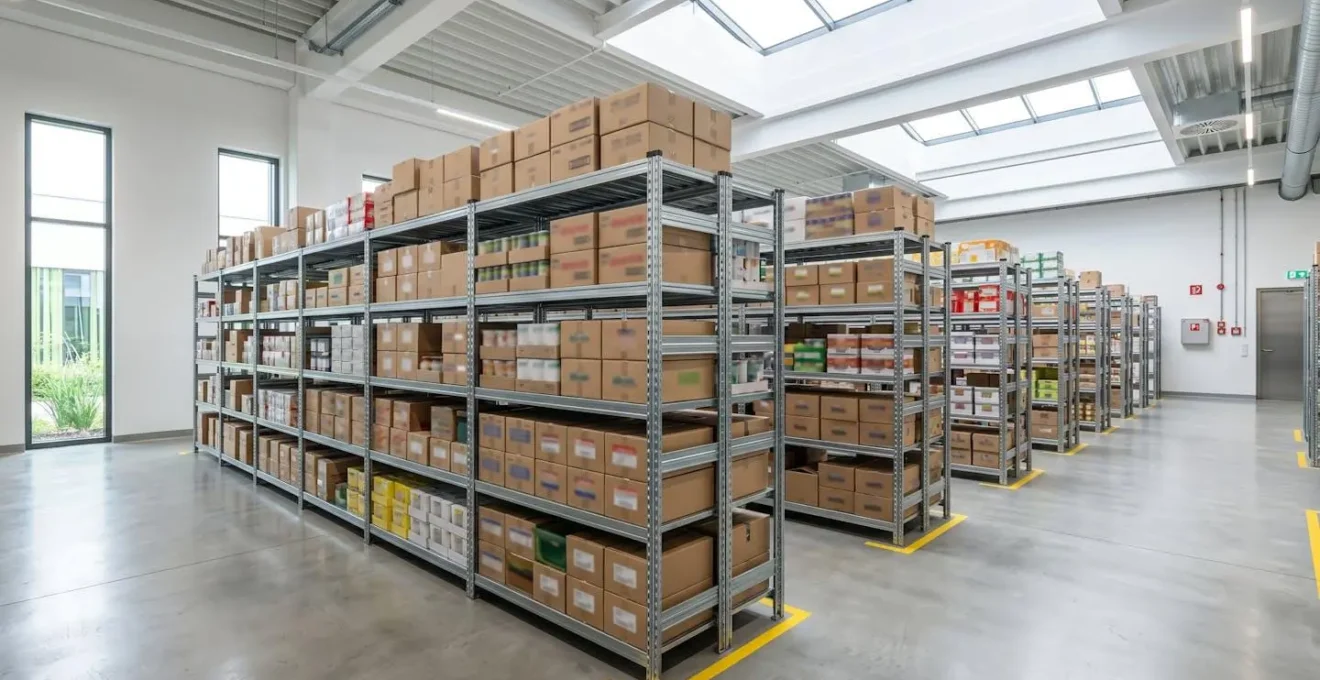 Zone de stockage organisée avec étagères métalliques contenant des cartons d'emballages alimentaires professionnels soigneusement rangés dans un espace moderne et lumineux, sans présence humaine au premier plan